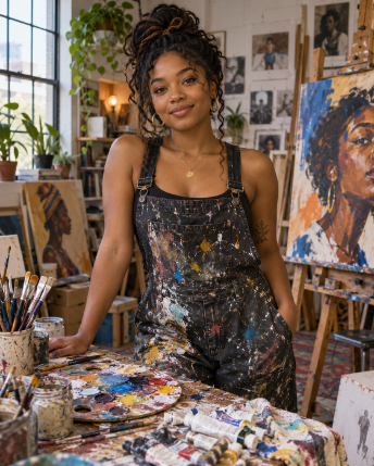 Cozy Studio Portrait of a Black Artist.
