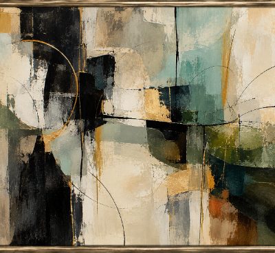 Framed Teal and Gold Abstract Composition.