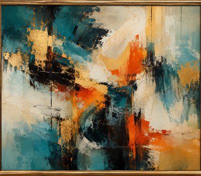 Teal and Gold Abstract Expressionist Painting.
